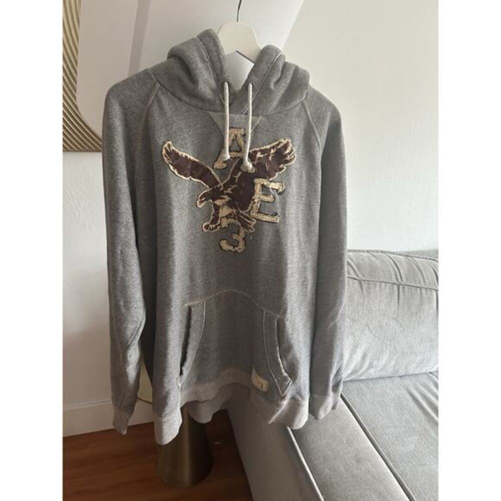 Vtg Y2k American Eagle Sherpa Hoodie XXL Gray Graphic Eagle Retro